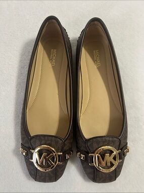Michael Kors Brown Logo MK Leather Ballet Flats with Gold Emblem